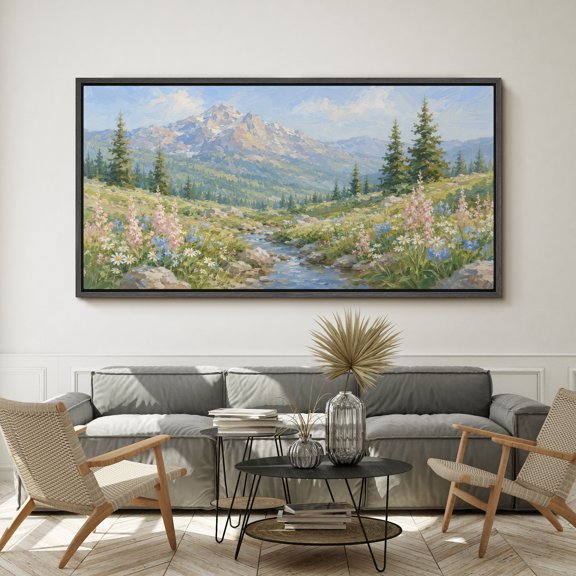 Large Framed Canvas Wall Art Mountain Wildflower Stream Landscape Print for Living Room Decoration - 60"x30" Black Frame