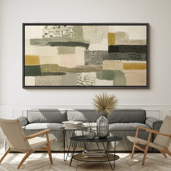 Large Framed Canvas Wall Art Neutral Abstract Block Modern Print for Living Room Decoration - 60"x30" Black Frame