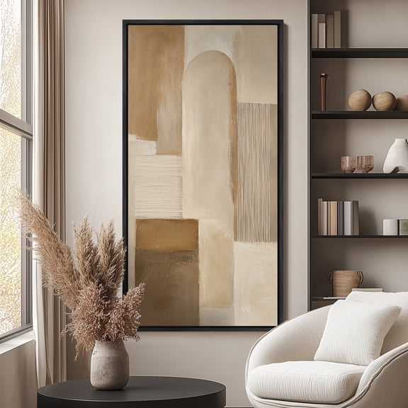 Large Framed Canvas Wall Art Neutral Beige Abstract Geometric Print for Living Room Decoration - 60"x30" Black Frame