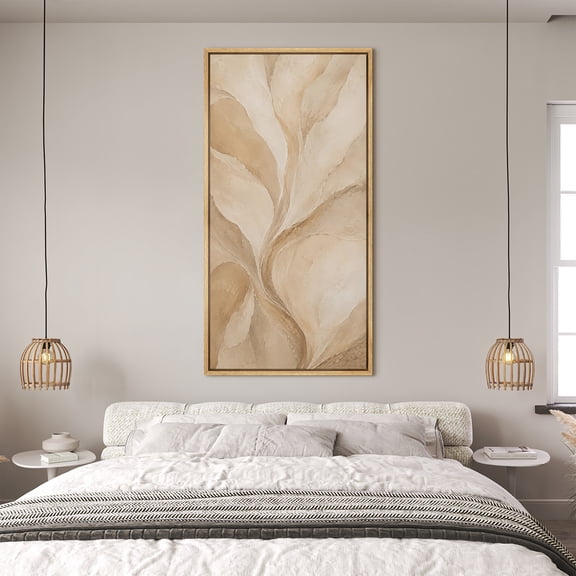 Large Framed Canvas Wall Art Neutral Beige Abstract Organic Flow Composition Print for Living Room Decoration - 60"x30" Natural Frame