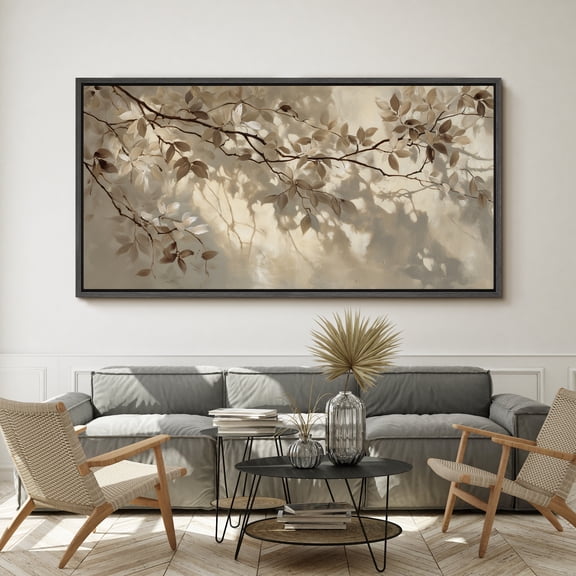 Large Framed Canvas Wall Art Neutral Vintage Tree Branch Leaves Print for Living Room Decoration - 60"x30" Black Frame