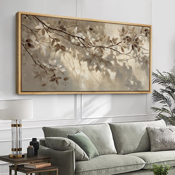 Large Framed Canvas Wall Art Neutral Vintage Tree Branch Leaves Print for Living Room Decoration - 60"x30" Natural Frame