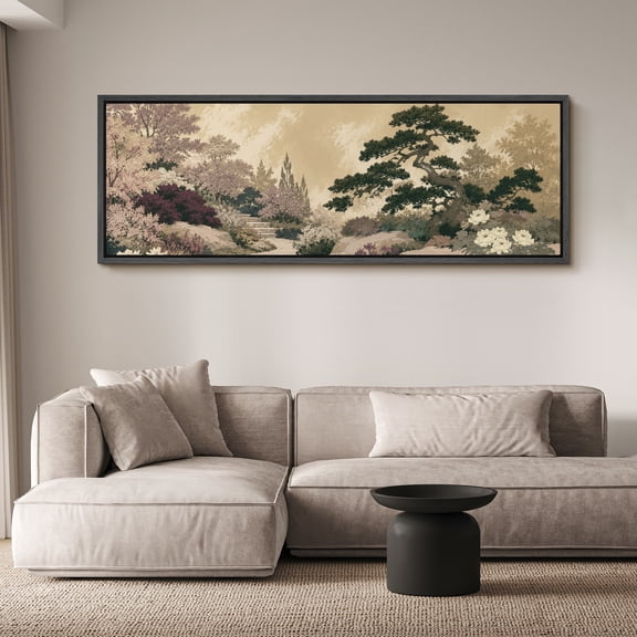 Large Framed Canvas Wall Art Oriental Garden Trail Scenery Print for Living Room Decoration - 60"x20" Black Frame