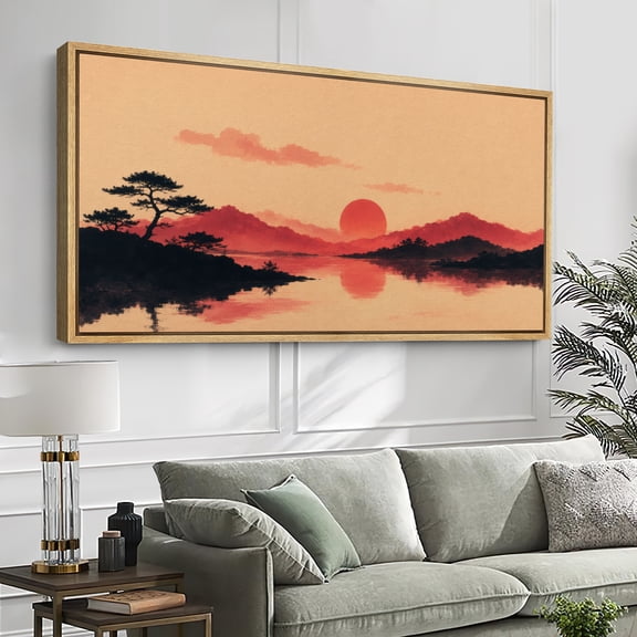 Large Framed Canvas Wall Art Oriental Sunset Mountain Lake Reflection Print for Living Room Decoration - 60"x30" Natural Frame
