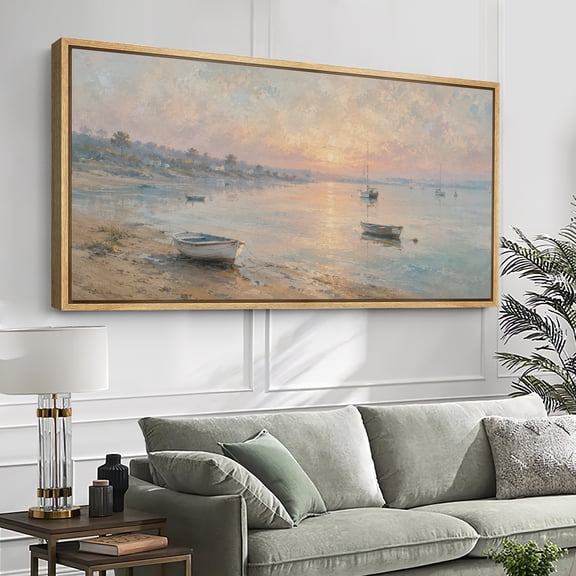 Large Framed Canvas Wall Art Peaceful Lakeside Boats With Soft Pastel Sky Landscape Print for Living Room Decoration - 60"x30" Natural Frame