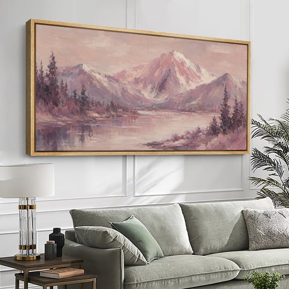 Large Framed Canvas Wall Art Pink Tone Snow Mountain Lake Scenery Print for Living Room Decoration - 60"x30" Natural Frame
