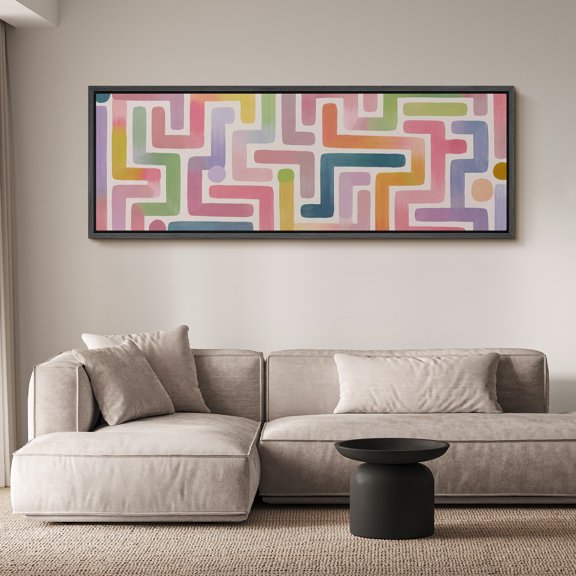 Large Framed Canvas Wall Art Print Abstract Colorful Geometric Pattern in Pastel Tones for Living Room Decoration - 60"x20" Black Frame