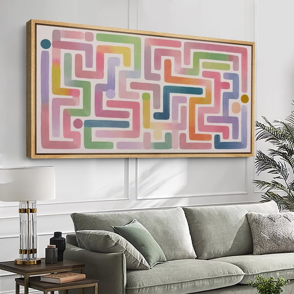 Large Framed Canvas Wall Art Print Abstract Colorful Geometric Pattern in Pastel Tones for Living Room Decoration - 60"x30" Natural Frame
