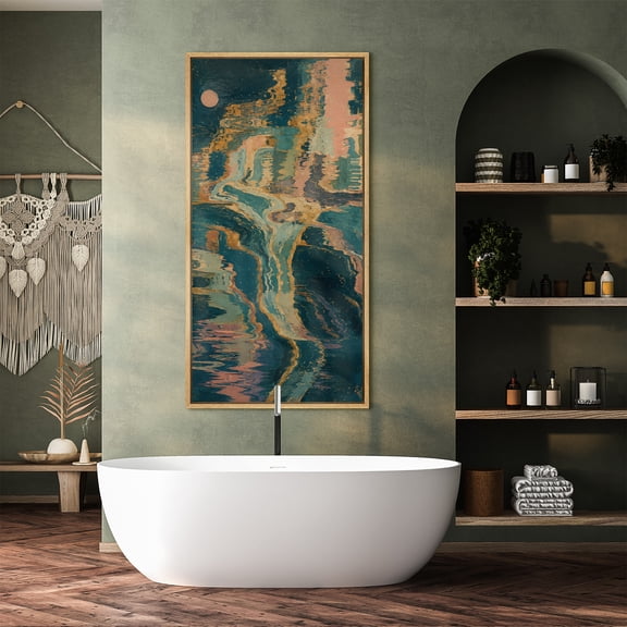 Large Framed Canvas Wall Art Print Abstract Reflective Water Pattern in Teal Gold and Blush Tones for Living Room Decoration - 60"x30" Natural Frame