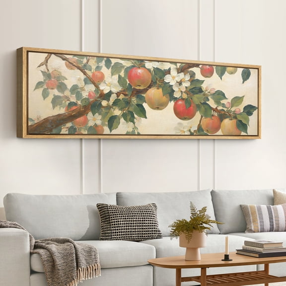 Large Framed Canvas Wall Art Print Apple Tree Branch with Blossoms and Fruit Still Life for Living Room Decoration - 60"x20" Natural Frame