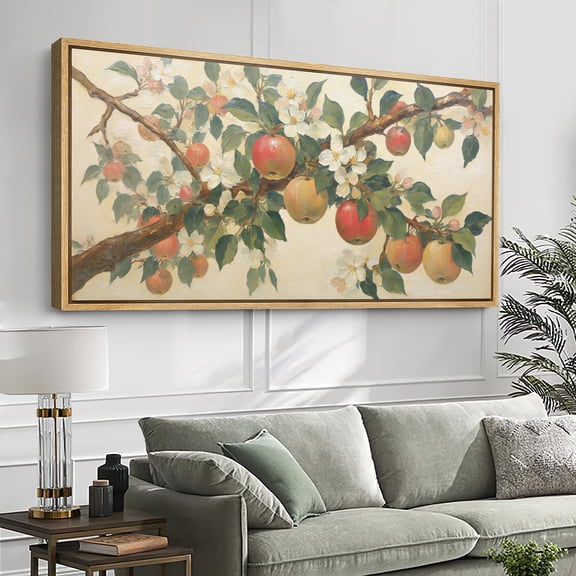 Large Framed Canvas Wall Art Print Apple Tree Branch with Blossoms and Fruit Still Life for Living Room Decoration - 60"x30" Natural Frame