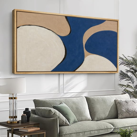 Large Framed Canvas Wall Art Print Bold Blue and Beige Curved Shapes Contemporary Abstract Artwork for Living Room Decoration - 60"x30" Natural Frame