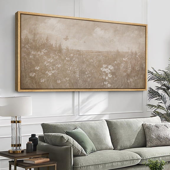 Large Framed Canvas Wall Art Print Coastal Rocky Shoreline Landscape in Soft Neutral Tones for Living Room Decoration - 60"x30" Natural Frame
