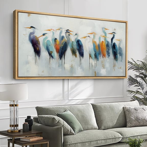 Large Framed Canvas Wall Art Print Colorful Heron Birds in Abstract Impressionist Style for Living Room Decoration - 60"x30" Natural Frame