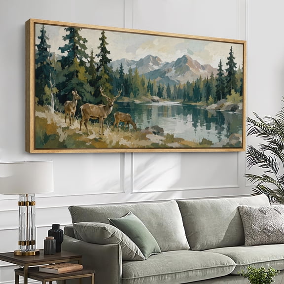 Large Framed Canvas Wall Art Print Deer and Mountain Lake Scenic Wildlife Landscape for Living Room Decoration - 60"x30" Natural Frame