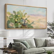 Large Framed Canvas Wall Art Print Desert Cactus Landscape in Soft Pastel Colors for Living Room Decoration - 60"x30" Natural Frame