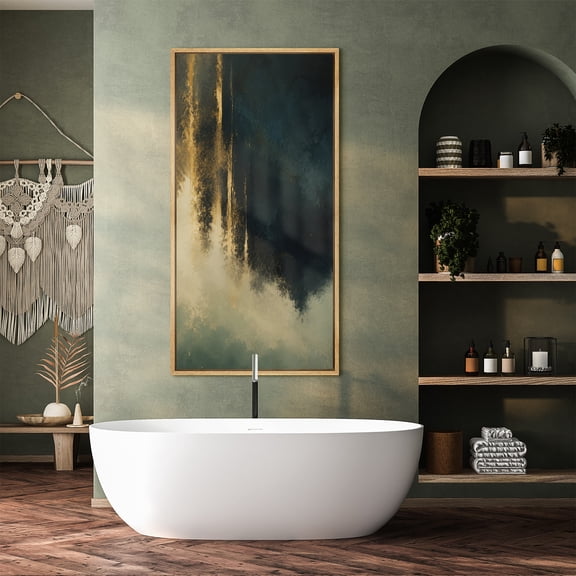 Large Framed Canvas Wall Art Print Dramatic Blue and Gold Abstract Horizon with Atmospheric Depth for Living Room Decoration - 60"x30" Natural Frame