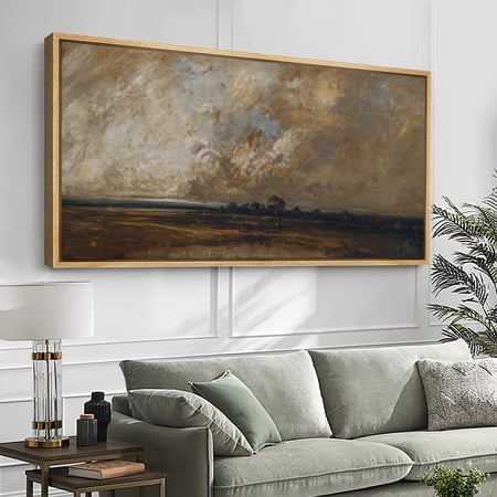 Large Framed Canvas Wall Art Print Dramatic Cloudy Sky over Open Field Landscape Painting for Living Room Decoration - 60"x30" Natural Frame