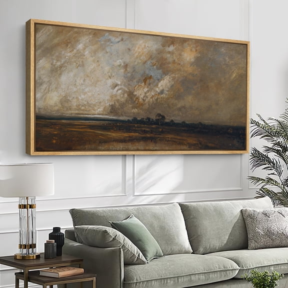 Large Framed Canvas Wall Art Print Dramatic Cloudy Sky over Open Field Landscape Painting for Living Room Decoration - 60"x30" Natural Frame
