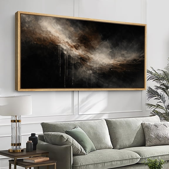 Large Framed Canvas Wall Art Print Dramatic Dark Abstract Cloudscape with Atmospheric Light Effects for Living Room Decoration - 60"x30" Natural Frame