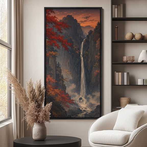 Large Framed Canvas Wall Art Print Dramatic Mountain Waterfall Landscape with Autumn Foliage for Living Room Decoration - 60"x30" Natural Frame