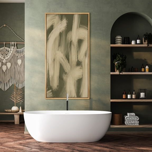 Large Framed Canvas Wall Art Print Expressive Neutral Brushstroke Abstract Artwork in Soft Olive Green for Living Room Decoration - 60"x30" Natural Frame