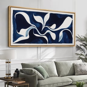 Large Framed Canvas Wall Art Print Flowing White Leaves on Deep Blue Abstract Pattern for Living Room Decoration - 60"x30" Natural Frame