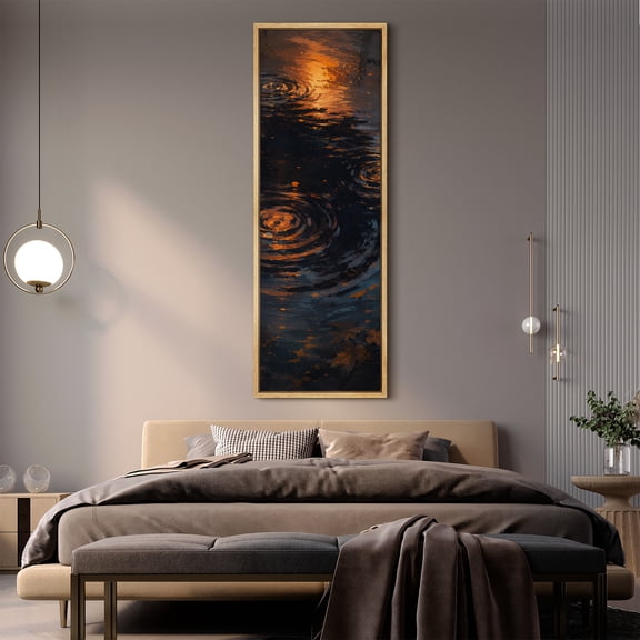 Large Framed Canvas Wall Art Print Golden Reflections and Rain Ripples on Dark Water Contemporary Artwork for Living Room Decoration - 60"x20" Natural Frame