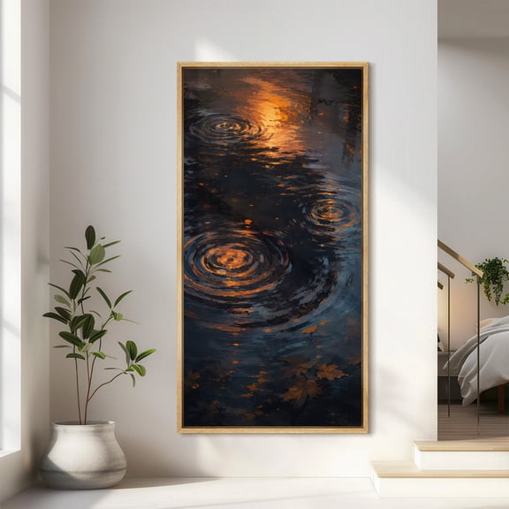 Large Framed Canvas Wall Art Print Golden Reflections and Rain Ripples on Dark Water Contemporary Artwork for Living Room Decoration - 60"x30" Natural Frame