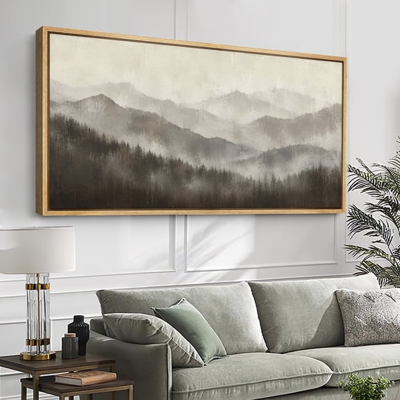 Large Framed Canvas Wall Art Print Misty Forest Mountain Landscape in Soft Neutral Tones for Living Room Decoration - 60"x30" Natural Frame