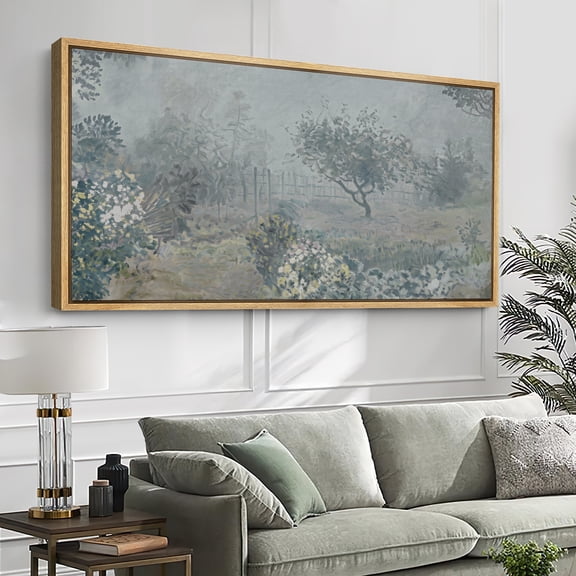 Large Framed Canvas Wall Art Print Misty Garden Landscape in Soft Neutral Colors for Living Room Decoration - 60"x30" Natural Frame