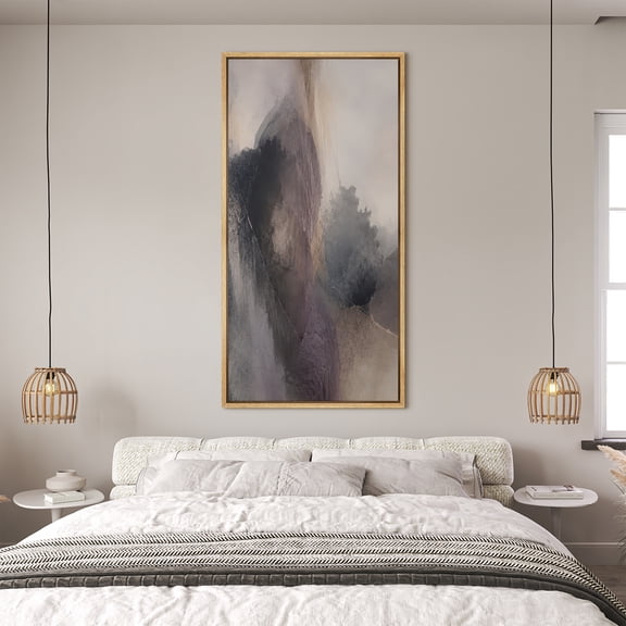Large Framed Canvas Wall Art Print Misty Neutral Abstract Landscape with Soft Gray and Lavender Tones for Living Room Decoration - 60"x30" Natural Frame