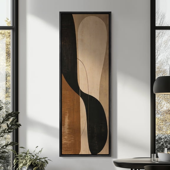 Large Framed Canvas Wall Art Print Modern Organic Shapes in Black Beige and Brown Abstract Design for Living Room Decoration - 60"x20" Black Frame