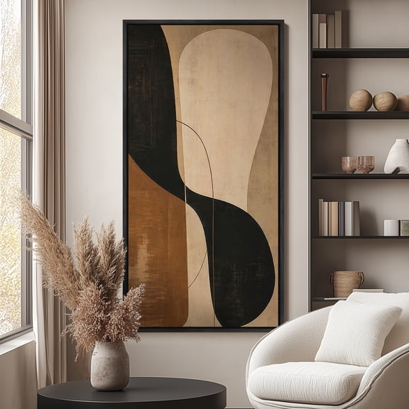 Large Framed Canvas Wall Art Print Modern Organic Shapes in Black Beige and Brown Abstract Design for Living Room Decoration - 60"x30" Black Frame