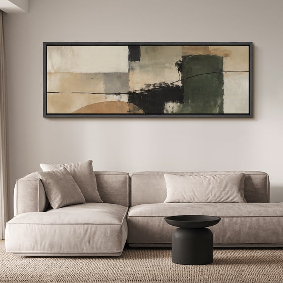 Large Framed Canvas Wall Art Print Neutral Abstract Landscape with Green and Black Accents for Living Room Decoration - 60"x20" Black Frame