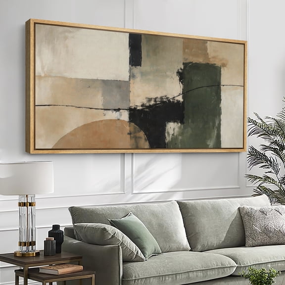 Large Framed Canvas Wall Art Print Neutral Abstract Landscape with Green and Black Accents for Living Room Decoration - 60"x30" Natural Frame