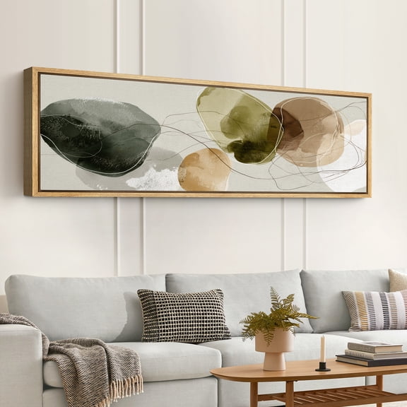 Large Framed Canvas Wall Art Print Neutral Abstract Overlapping Shapes in Green Beige and Brown for Living Room Decoration - 60"x20" Natural Frame
