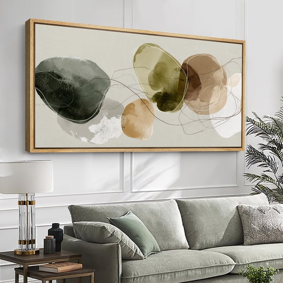 Large Framed Canvas Wall Art Print Neutral Abstract Overlapping Shapes in Green Beige and Brown for Living Room Decoration - 60"x30" Natural Frame