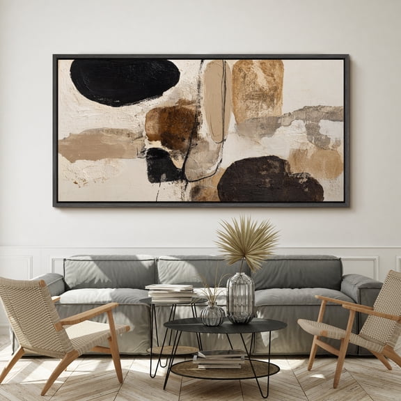 Large Framed Canvas Wall Art Print Neutral Earth Tone Abstract Shapes Forms for Living Room Decoration - 60"x30" Black Frame