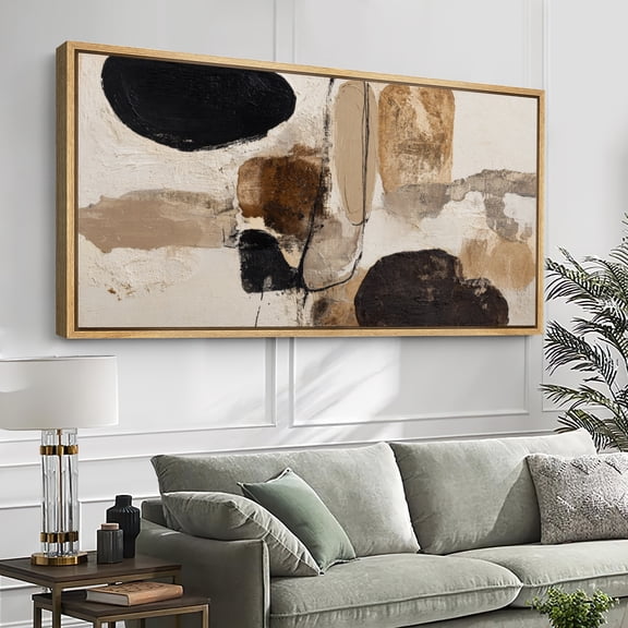 Large Framed Canvas Wall Art Print Neutral Earth Tone Abstract Shapes for Living Room Decoration - 60"x30" Natural Frame