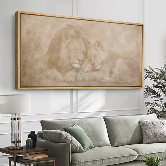 Large Framed Canvas Wall Art Print Serene Lion Couple Wildlife Illustration in Neutral Tones for Living Room Decoration - 60"x30" Natural Frame