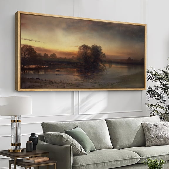 Large Framed Canvas Wall Art Print Serene Sunset Over Water Landscape in Warm Tones for Living Room Decoration - 60"x30" Natural Frame
