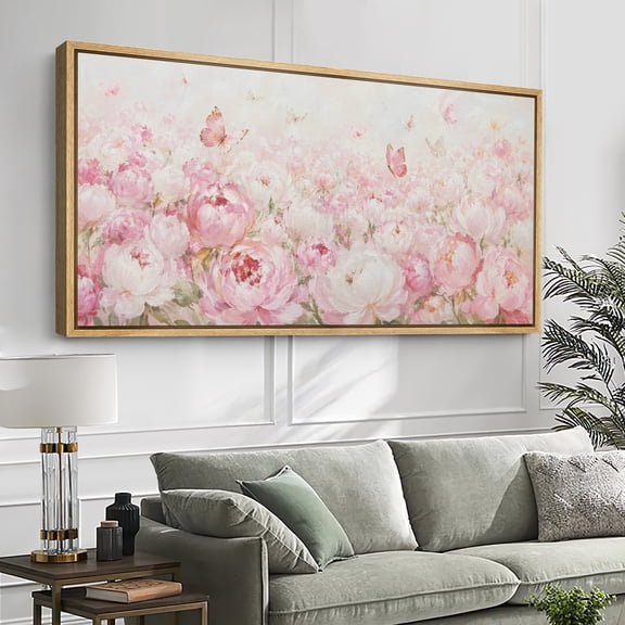 Large Framed Canvas Wall Art Print Soft Pink Peonies and Butterflies Floral Composition for Living Room Decoration - 60"x30" Natural Frame