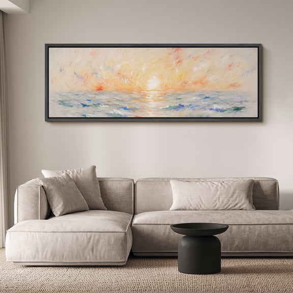 Large Framed Canvas Wall Art Print Soft Sunrise over Ocean Horizon Impressionist Abstract for Living Room Decoration - 60"x20" Black Frame