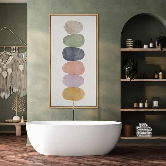 Large Framed Canvas Wall Art Print Stacked Pastel Stones Modern Balanced Abstract Artwork for Living Room Decoration - 60"x30" Natural Frame