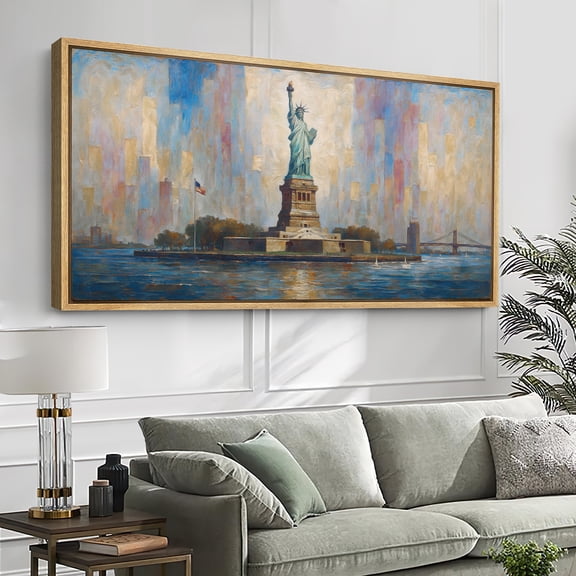 Large Framed Canvas Wall Art Print Statue of Liberty with New York Harbor Colorful Impressionist Artwork for Living Room Decoration - 60"x30" Natural Frame