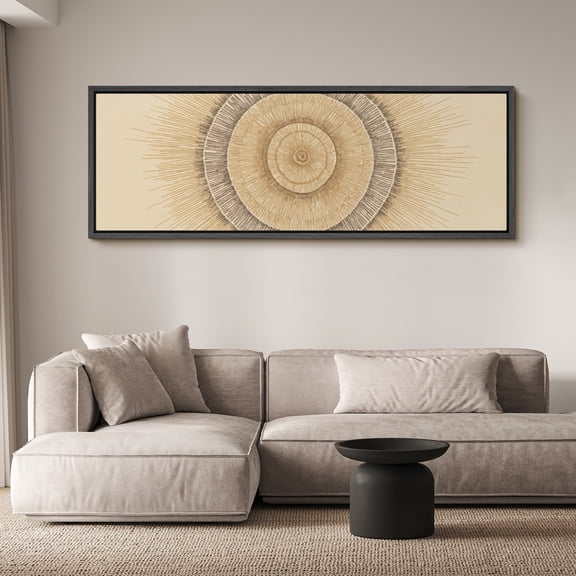 Large Framed Canvas Wall Art Print Sunburst Circular Textured Modern Abstract Artwork in Neutral Gold for Living Room Decoration - 60"x20" Black Frame