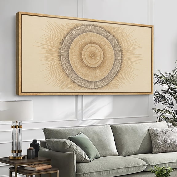 Large Framed Canvas Wall Art Print Sunburst Circular Textured Modern Abstract Artwork in Neutral Gold for Living Room Decoration - 60"x30" Natural Frame