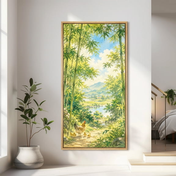 Large Framed Canvas Wall Art Print Sunlit Bamboo Grove and Countryside Scenic Landscape for Living Room Decoration - 60"x30" Natural Frame