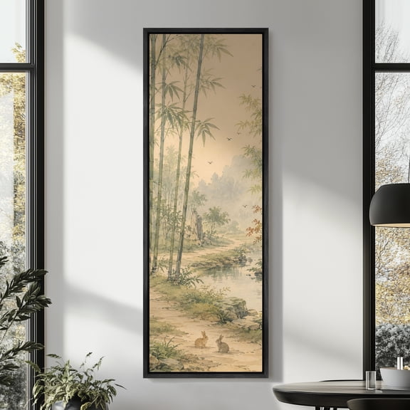 Large Framed Canvas Wall Art Print Tranquil Bamboo Forest and Stream Asian Inspired Landscape for Living Room Decoration - 60"x20" Black Frame